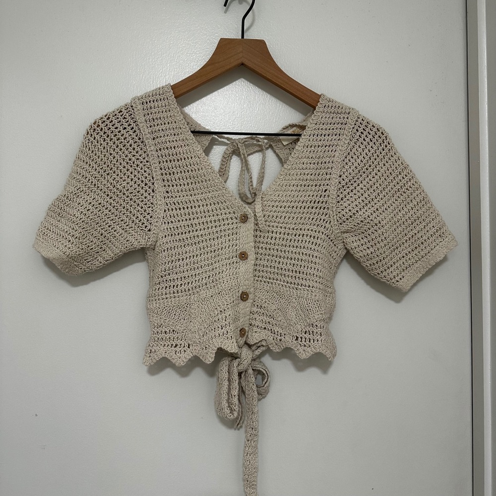 Rebellion Again x Anthropologie | Cream Crochet Knit Open Back Tie Crop Top, S